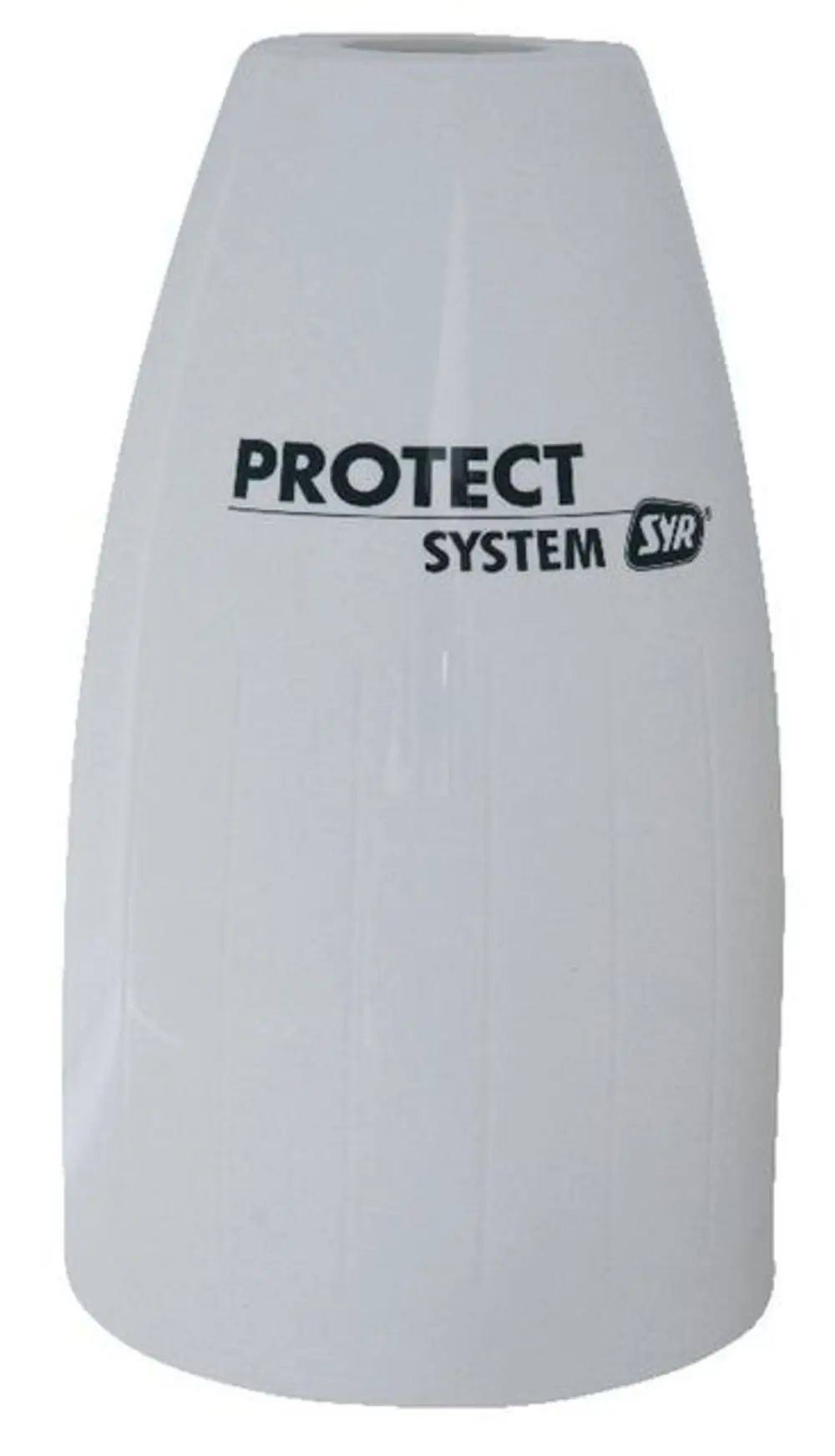 Weiße Schutzschale von Syr mit aufgedrucktem "PROTECT SYSTEM". Die Form ist konisch und hat eine glatte Oberfläche.